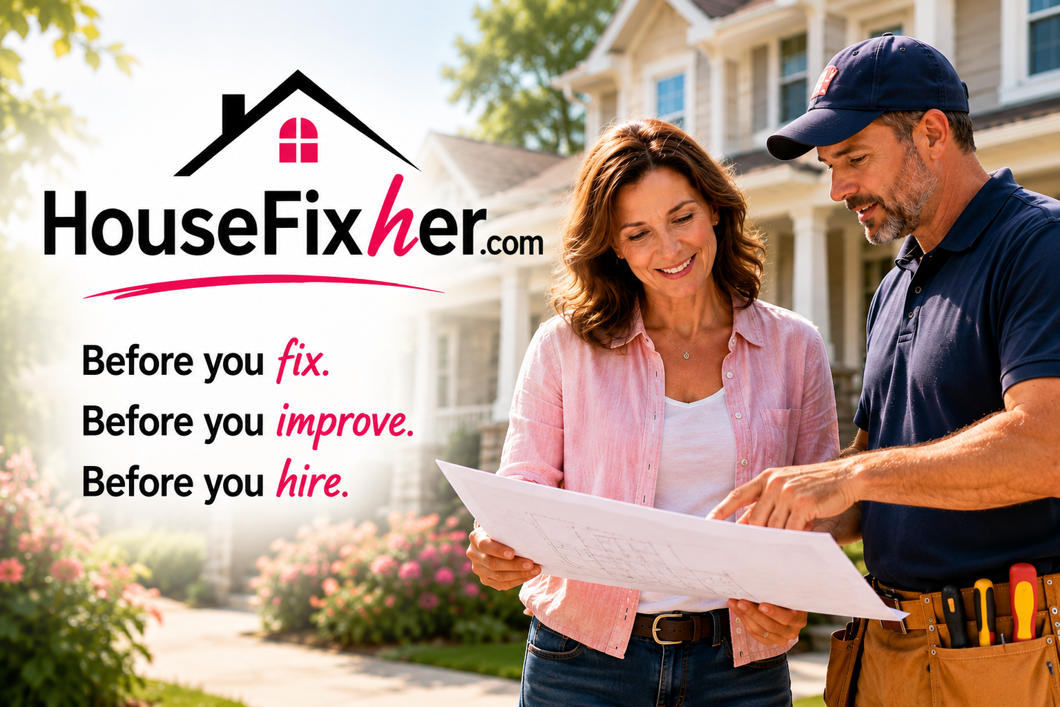 Woman discussing home improvement plans with a contractor in front of a house